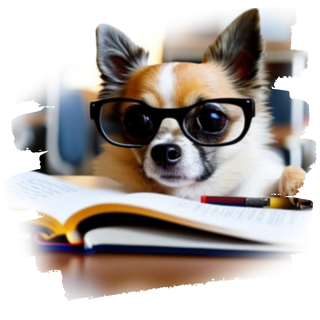 Kluger Hund mit Brille lernt für Theorieprüfung